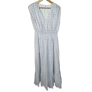 Mer St Barth Maxi Dress Blue White Red Geometric Print Smocked‎ Waist V Neck L